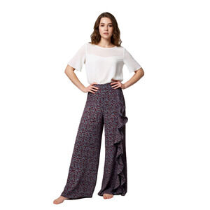 NWT Pretty Little Thing Blue Palazio Pant with Front Side Ruffle Boho 6